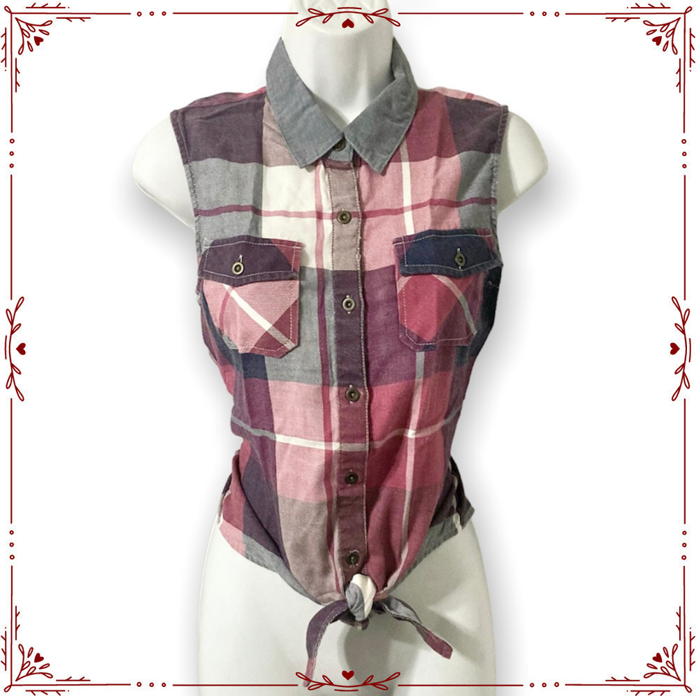 Black Poppy Women's Medium Plaid Button Down Tie Front Top